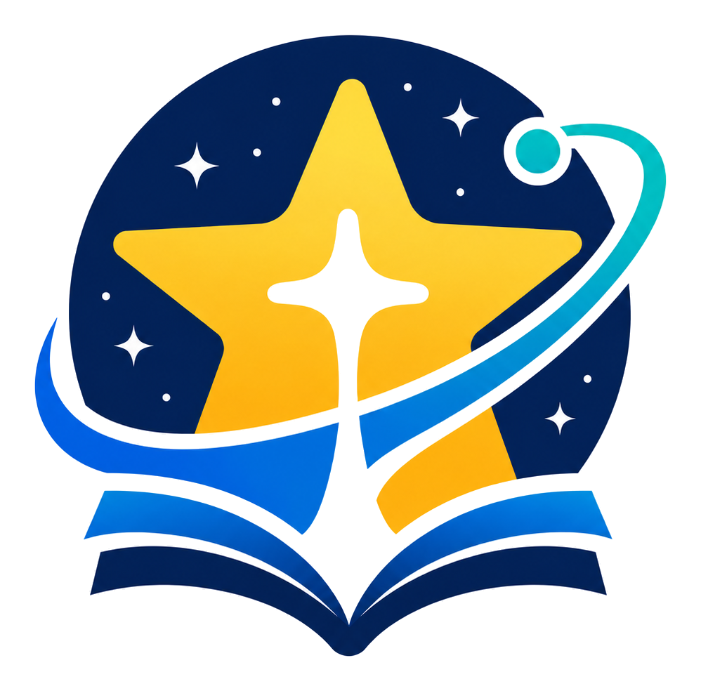 Emblème Star Labs avec étoile, orbite et livre ouvert